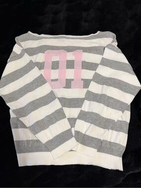 Justify Gray & White Striped Off-Shoulder Sweater with Pink 01
